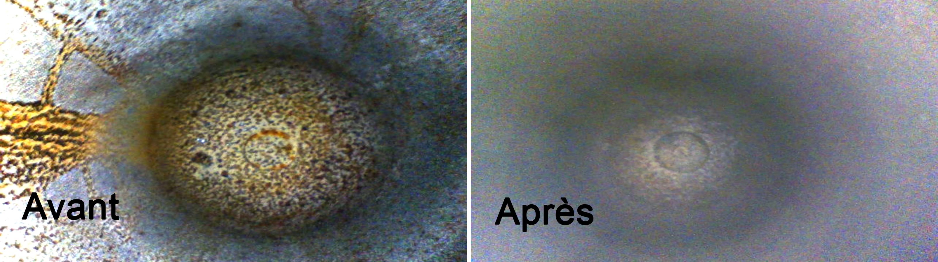 Fond d'un bloc vu à l'endoscope, avant et après passage du fouet normal.